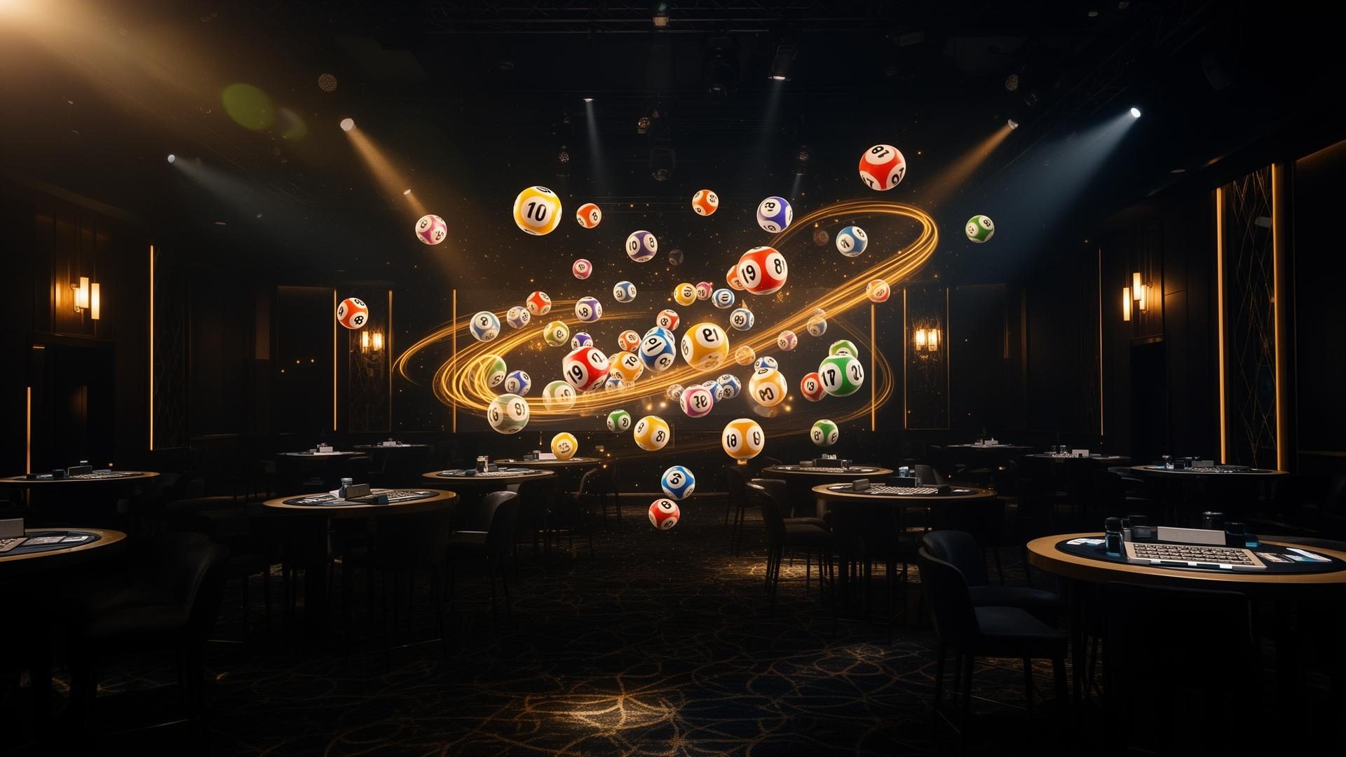 A bingo hall floor lit with neon, mid-session