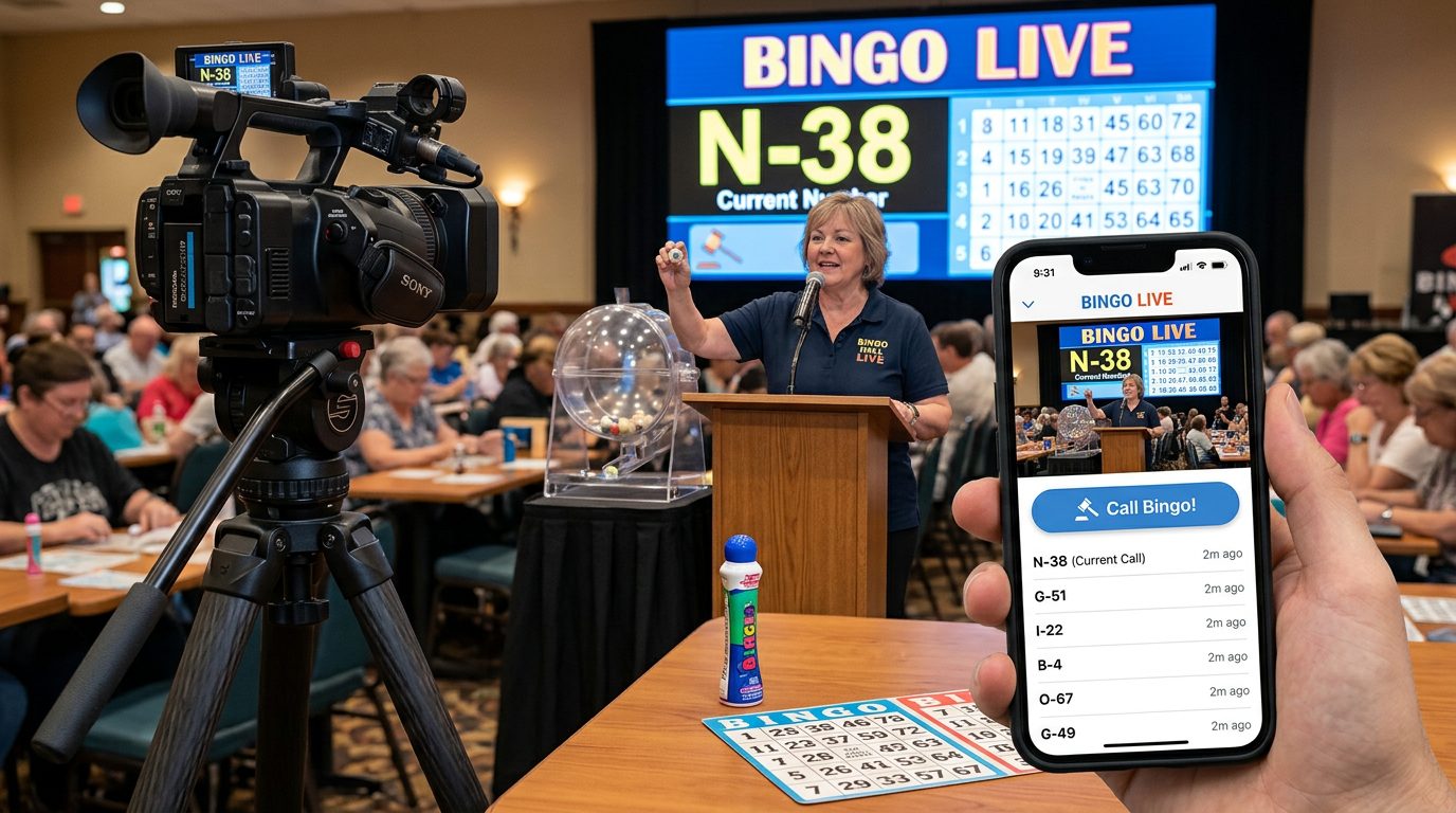 RojoBingo caller streaming a live bingo session