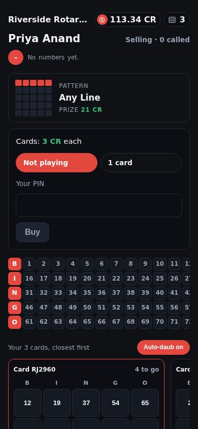 Player page on a phone — cards auto-daubed, BINGO button