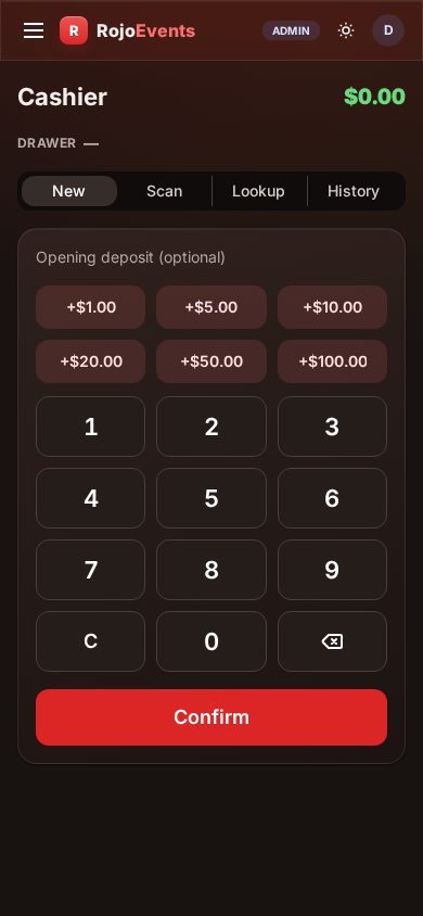 Cashier POS on a phone — New / Scan / History