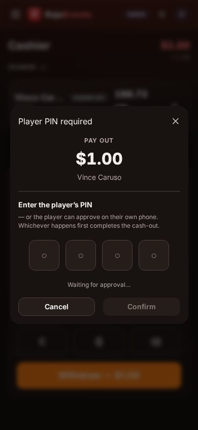 Cash-out with PIN approval — two devices