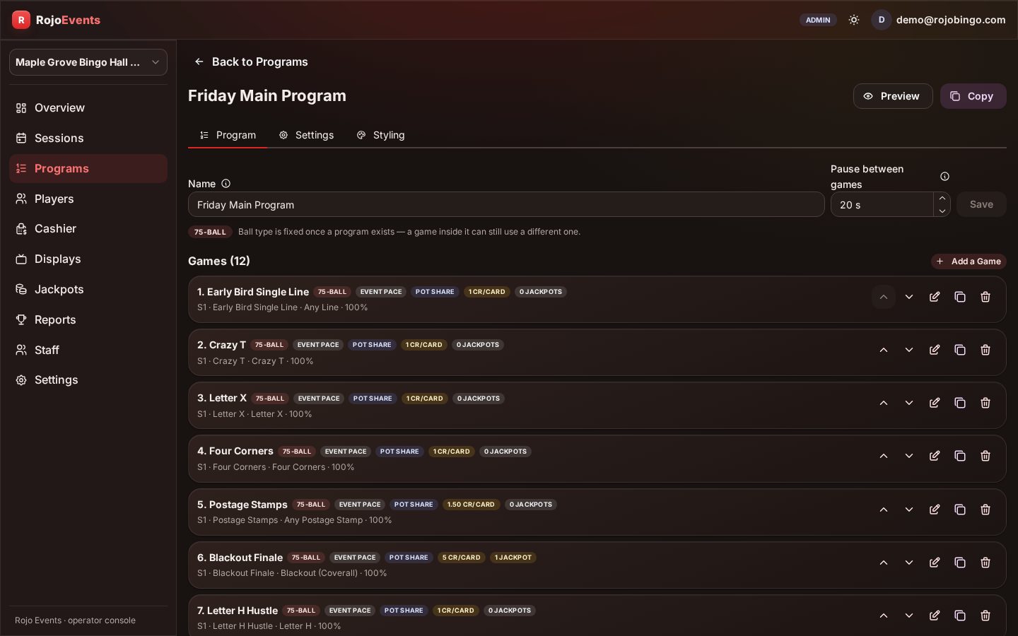 Program editor — short games from the pattern library