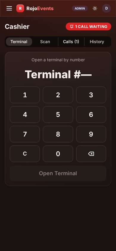 Terminal Call attendant — lands in the cashier's Calls panel