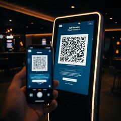 Player scanning a QR code at a MyBingo check-in kiosk